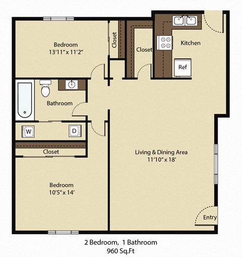 Floor plan for 2 beds, 1 bath, 960 sqft